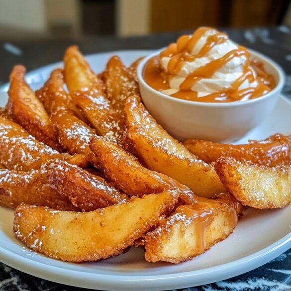 A plate of warm Air Fried Apple Wedges with a side of caramel whipped cream for dipping.