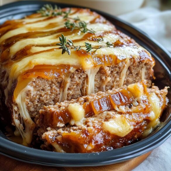 A sliced Crockpot French Onion Meatloaf topped with melted Swiss cheese and garnished with fresh thyme