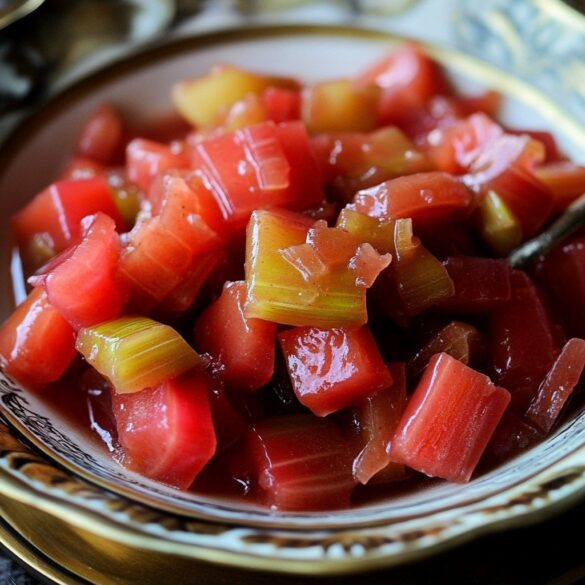 A bowl of Sweet and Tangy Stewed Rhubarb served over creamy yogurt