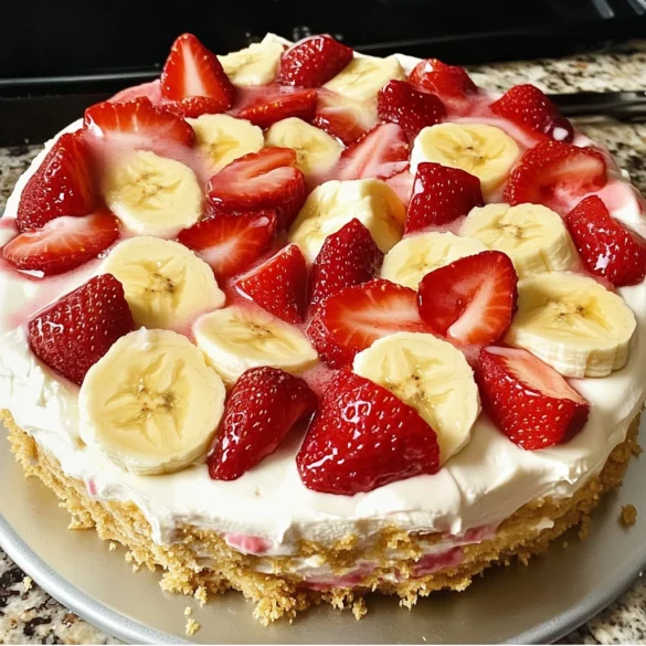 Banana-Strawberry Cheesecake slice with fresh fruit toppings