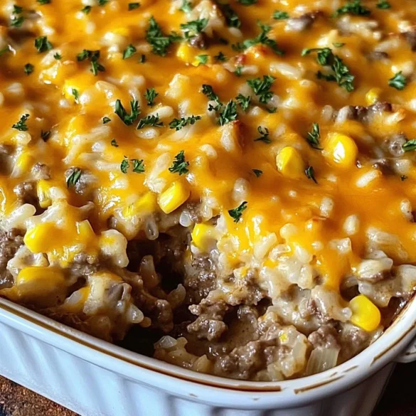 A hearty plate of cheesy ground beef and rice casserole with a golden melted cheese topping.