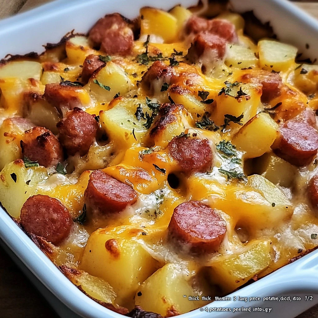 A warm serving of Kielbasa Sausage Cheesy Potato Casserole with melted cheese on top