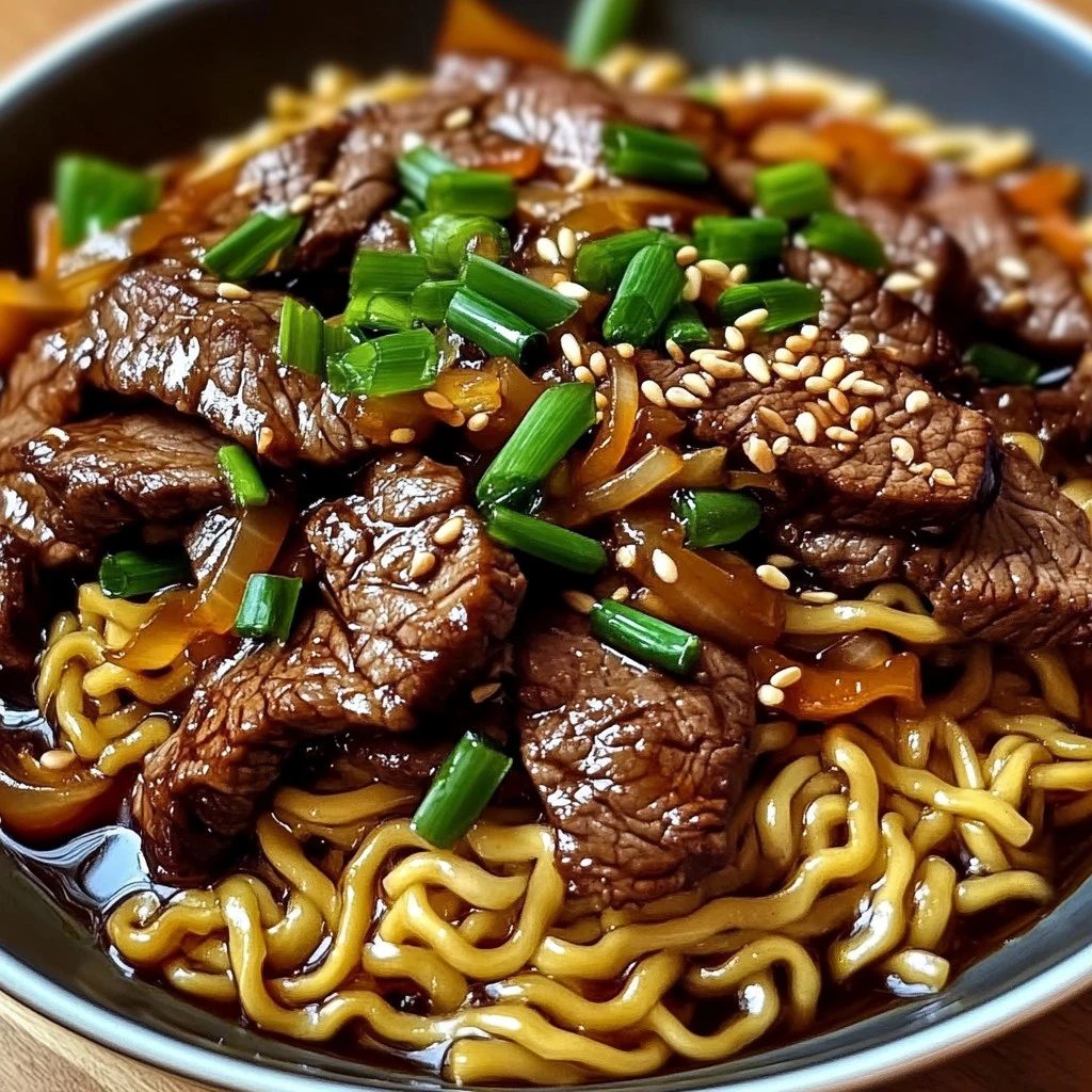 A bowl of Steak Stir-Fried Ramen with green onions and sesame seeds
