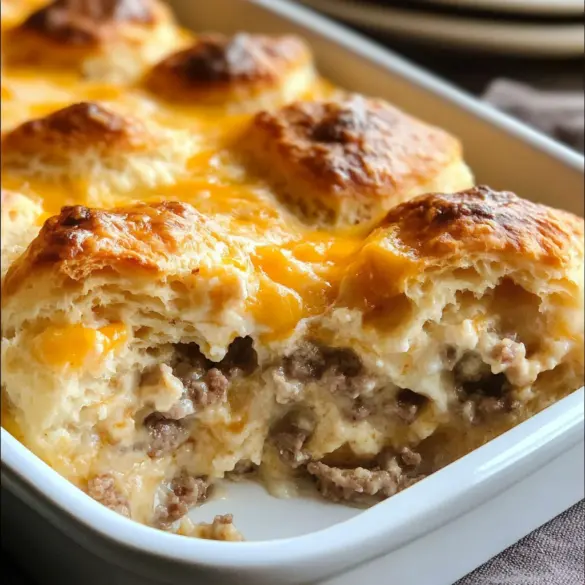 A freshly baked Biscuits & Gravy Hashbrown Casserole with golden cheese and crispy biscuits