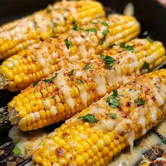 Cheesy Garlic Butter Corn on the Cob garnished with parsley and melted cheese