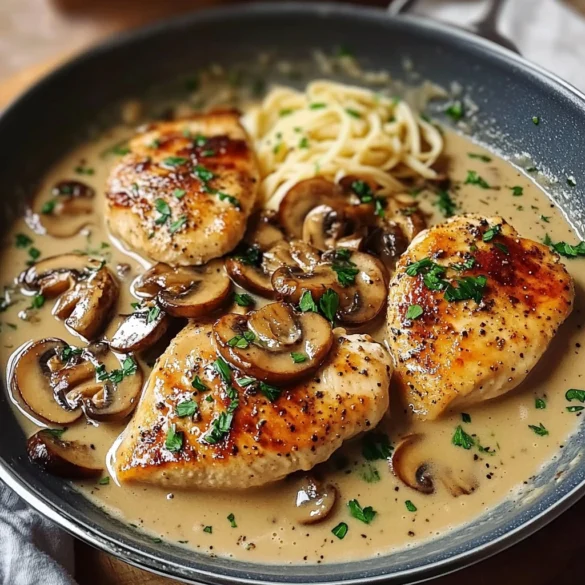A plated serving of Chicken Marsala with creamy mushroom sauce, garnished with fresh parsley