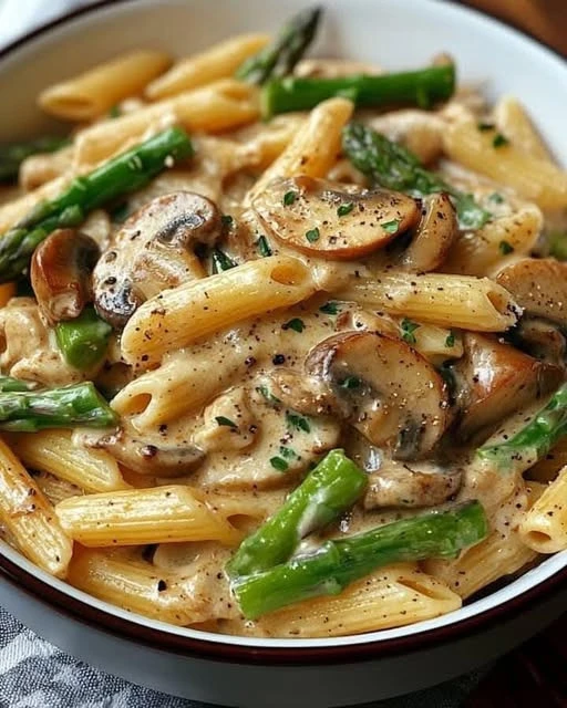 A plate of creamy mushroom and asparagus chicken penne garnished with Parmesan cheese.