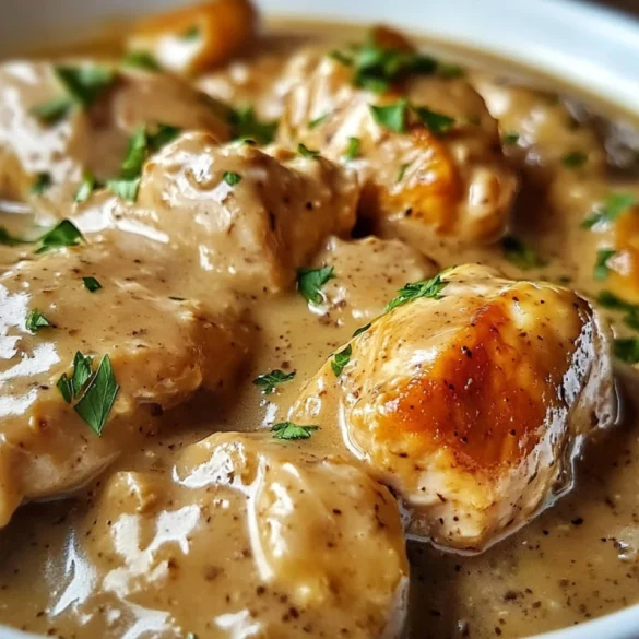 A plate of Crockpot Mississippi Chicken served over mashed potatoes with fresh parsley garnish.