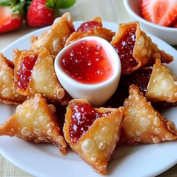 A plate of Deep-Fried Strawberry Cheesecake Stuffed Wonton Bites, crispy and golden, with a dusting of powdered sugar.