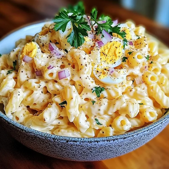A creamy bowl of Deviled Egg Pasta Salad with fresh parsley garnish.
