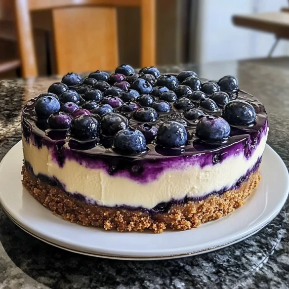 A slice of Fresh Blueberry Cheesecake topped with fresh blueberries and whipped cream