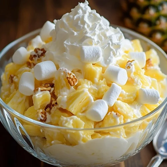A bowl of Pineapple Fluff topped with marshmallows and pecans