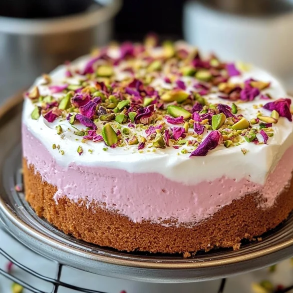 A soft and creamy Rose Milk Cake topped with whipped cream, pistachios, and dried rose petals.
