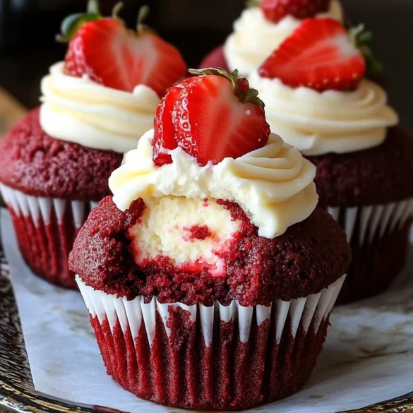 A close-up of a Strawberry Cheesecake Red Velvet Cupcake with cream cheese frosting and fresh strawberry garnish.