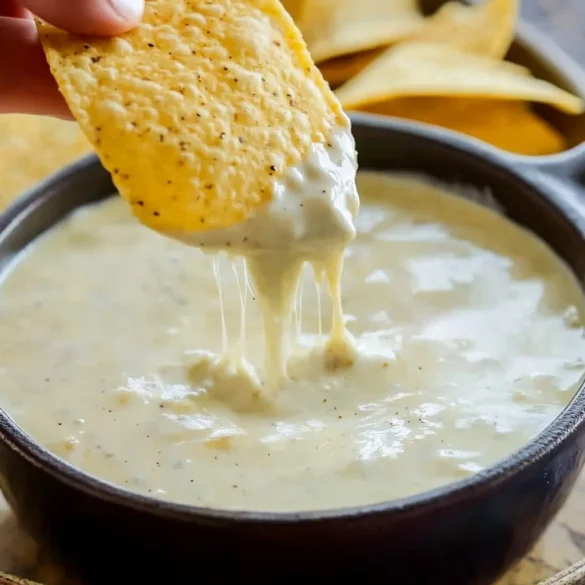 A warm bowl of Mexican cheese dip with tortilla chips ready for dipping.
