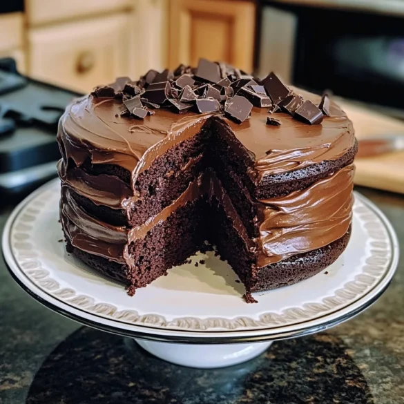 A slice of Triple Chocolate Cake topped with ganache and chocolate shavings.